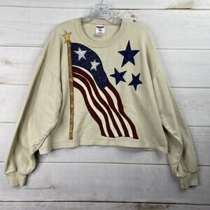 Vtg Jerzees Sweatshirt Womens L Beige American Flag Cropped Stars Stripes Y2K